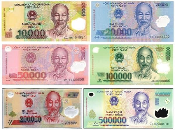 The six current Vietnamese đồng denominations (10,000–500,000₫)
